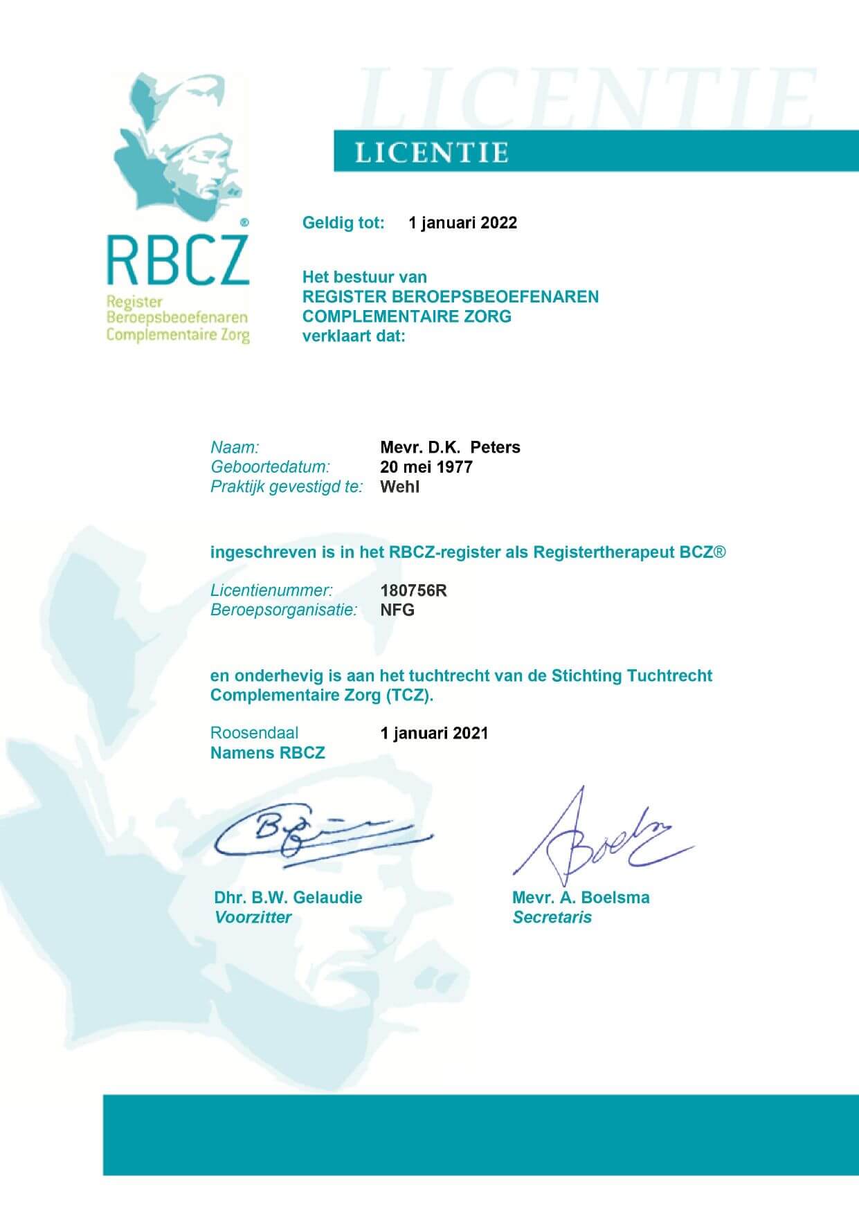 RBCZ licentie Dagmara Peters